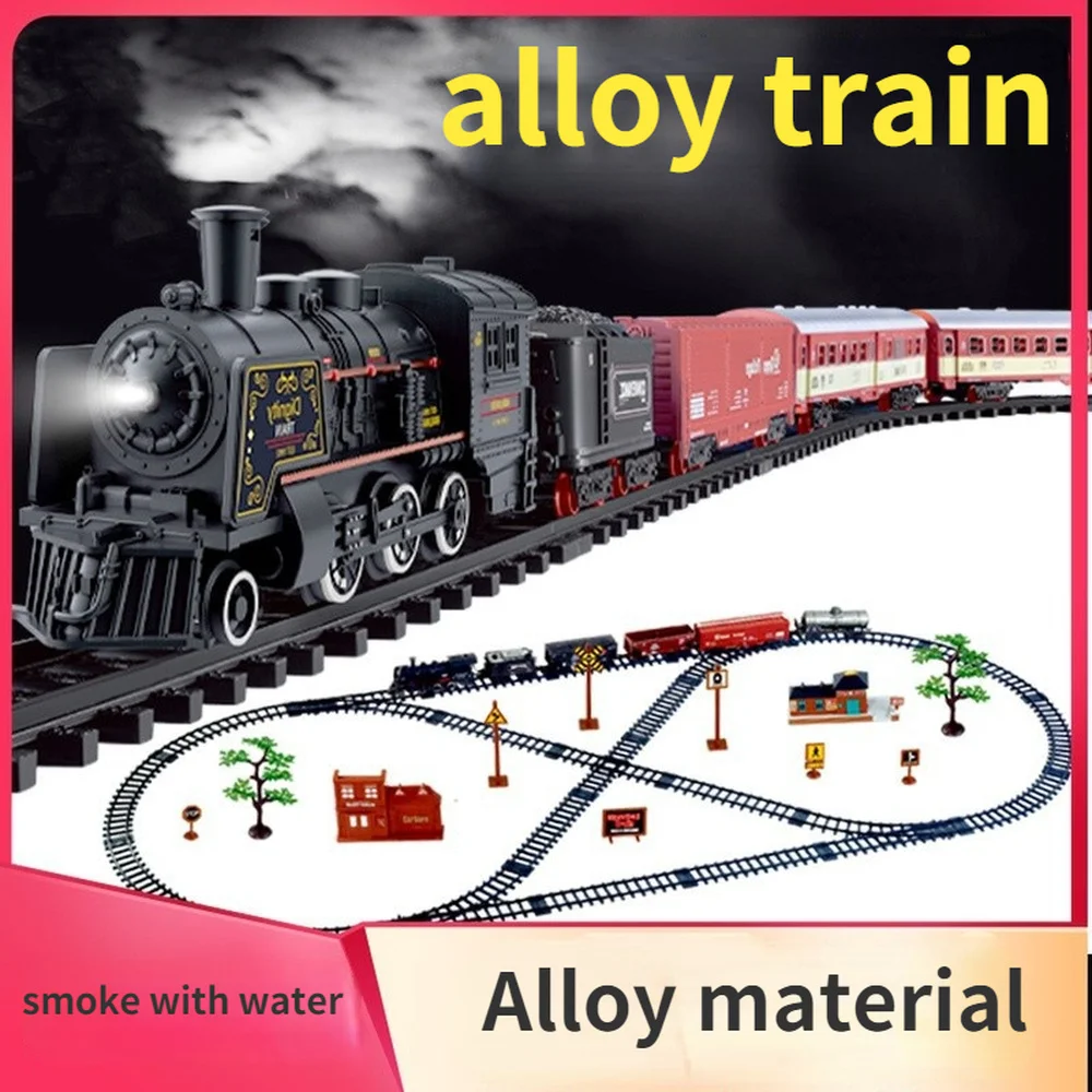 Simulation Steam Train Alloy Metal Car Track Railway Classical Train Model with Smoke Battery Operated Kids Toy Gift