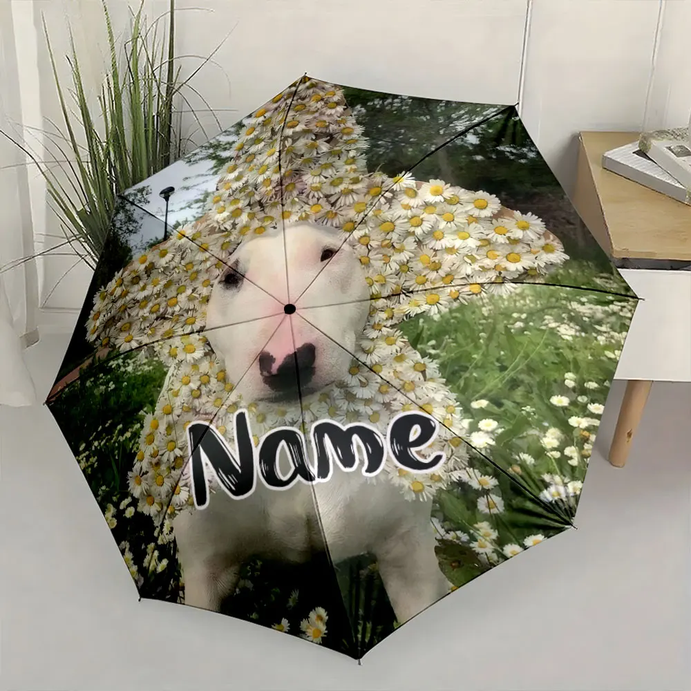 Custom Name Umbrella, White Bull Terrier with Daisy Flower Crown Design Umbrella Folding Umbrella for Sunny and Rainy,Gift