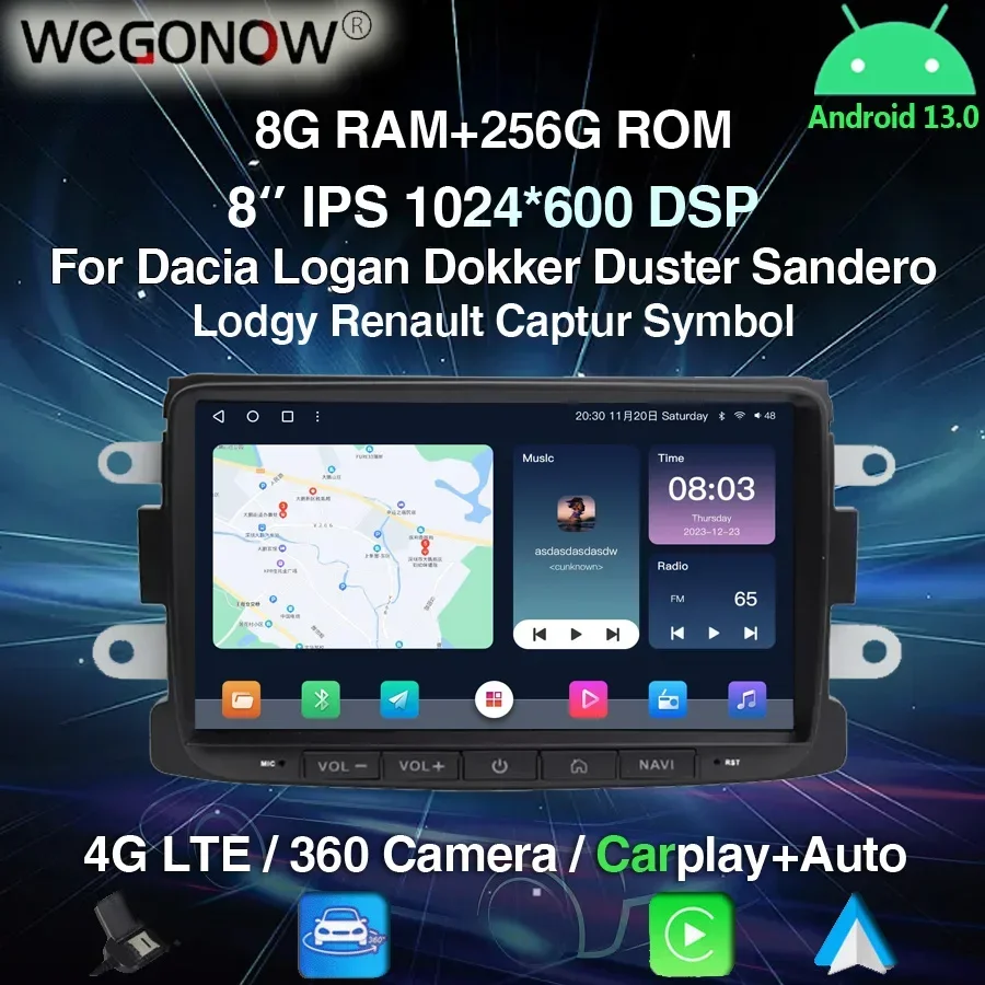 Carplay DSP 8'' IPS Android13.0 8G+256G 4G LTE Car DVD video Player GPS WIFI BT RDS Radio For Dacia Renault Duster Logan Sandero