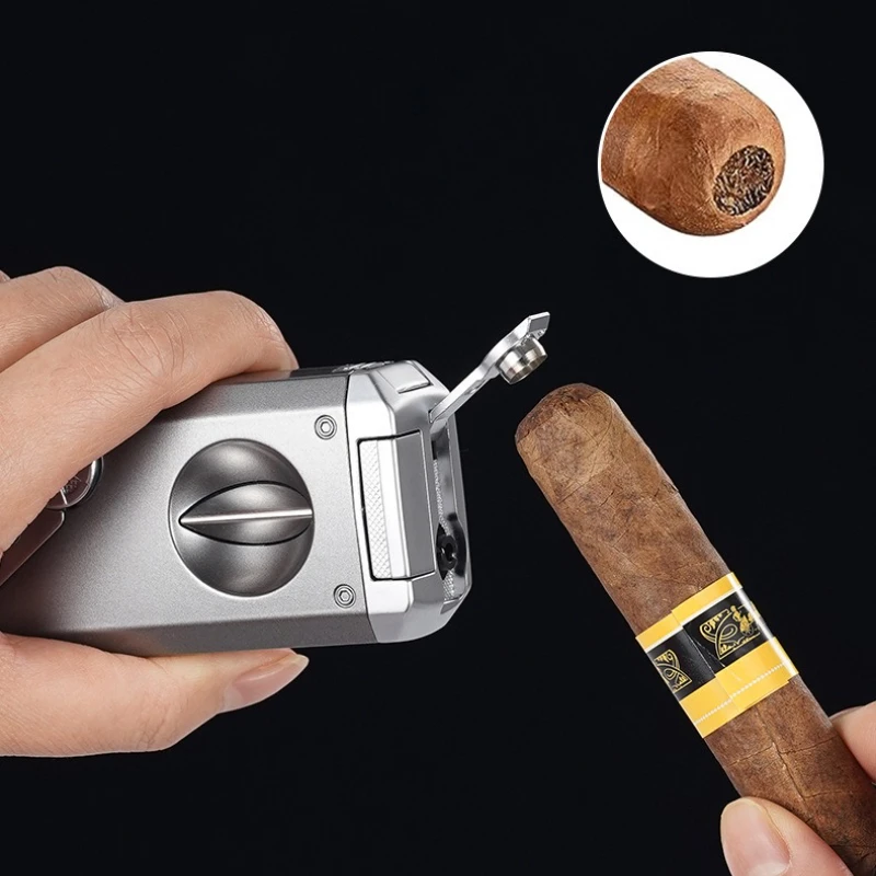 أربعة لهب أزرق ولاعة السيجار الخامس-سكين الدخان السيجار الحفر تلاعب مكافحة ضرب شوكة التهوية البصرية متعددة الوظائف الإشعال أخف وزنا