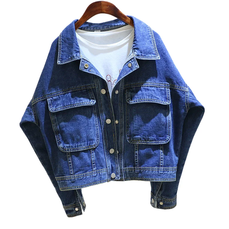 Spring Autumn Vintage Dark Blue Denim Jacket Women Loose Short Cowboy Outerwear Batwing Sleeve Big Pocket Jeans Jacket Female