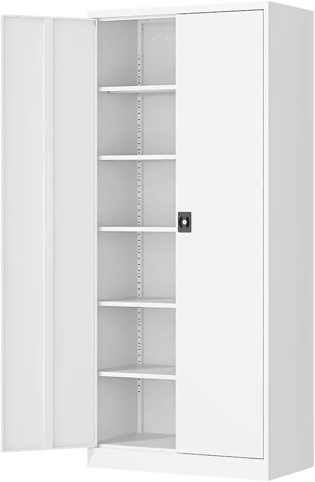 Metal Storage Cabinet-71” Tall Steel File Cabinets with Lockable Doors and Adjustable Shelves-White Steel Storage Cabinet