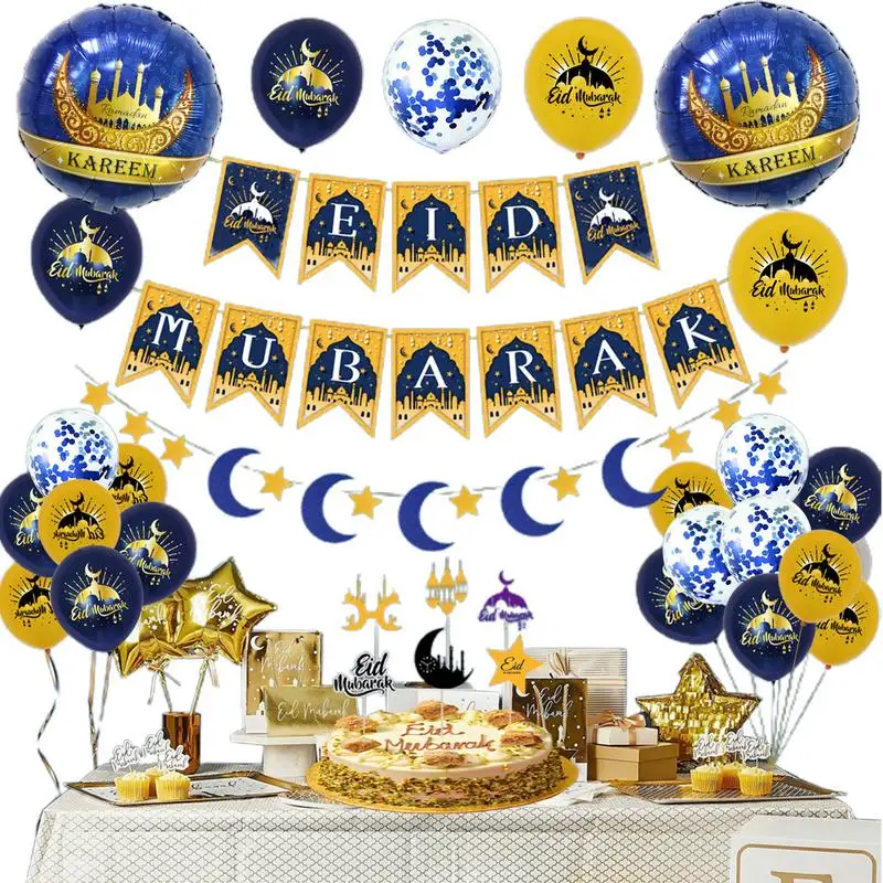 

Eid Mubarak Ramadan Kareem Blue Black Gold Theme Party Decoration Supplies Banner Cake Topper Balloon Set Eid Party Supplies