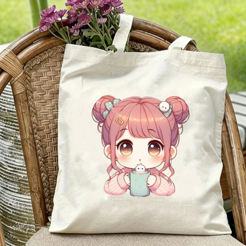 

1pc Cute Anime Cartoon Girl Print Canvas Tote Bag Casual Single Shoulder Bag Reusable Eco Shopping Daily Handbag