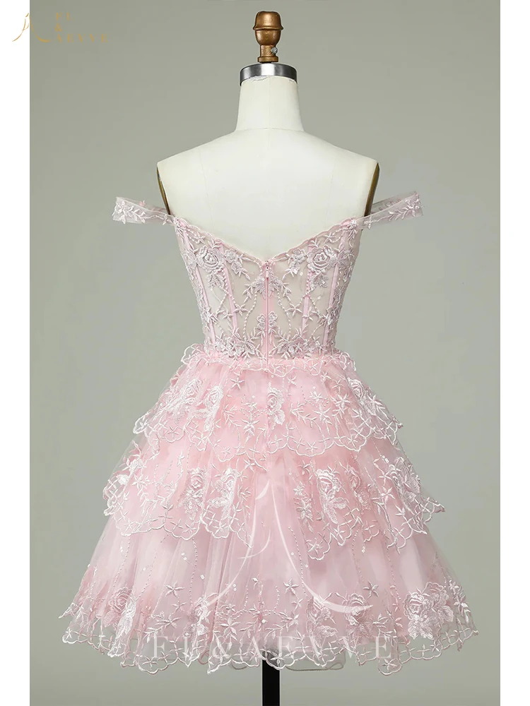 Sexy Pink Mini Homecoming Dresses Embroidery Lace Off The Shoulder Evening Party Dress Sweetheart Prom Gown Formal Dress