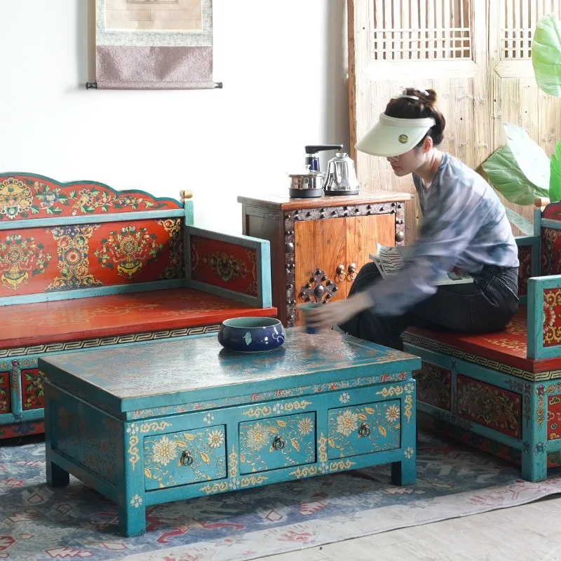 Tibetan painted coffee table, Zhuo square solid wood sofa tea table storage retro antique living room ethnic style hand-painted