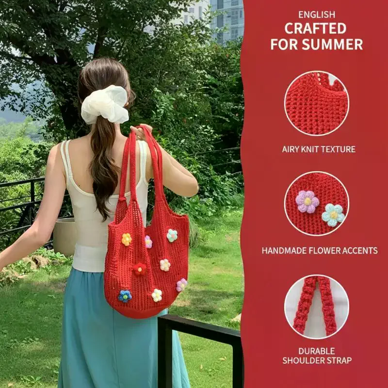 

Floral Woven Shoulder Bag Summer Casual Handbag Lightweight Portable Tote for Women Vacation Beach Accessory