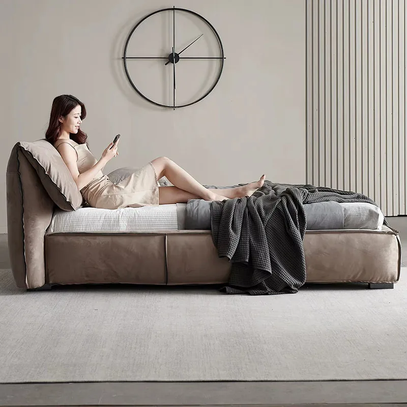 Comfortable  House Double Bed Leather Duvet Backrest Modern Loft Bedroom Bed King Lazy Adults European Muebles Hotel Furniture
