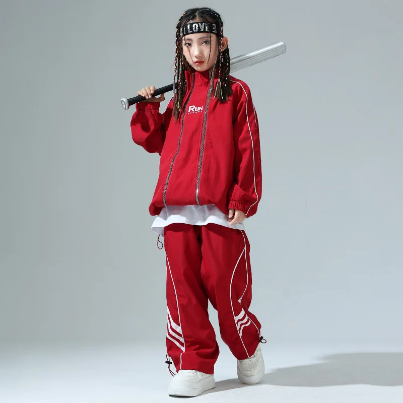 Boys Hip Hop Clothing Red Tops Streetwear Sports Meeting Cargo Pants for Girls Kids Jazz Dance Costume Clothes Set