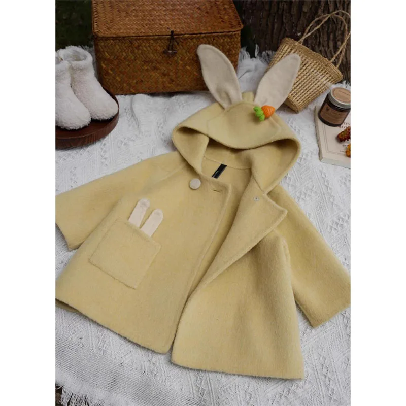 Autumn Winter Baby Girls Warm Hooded Rabbit Cartoon Animals Coats Woolen Jacket Kids Winter Outwear