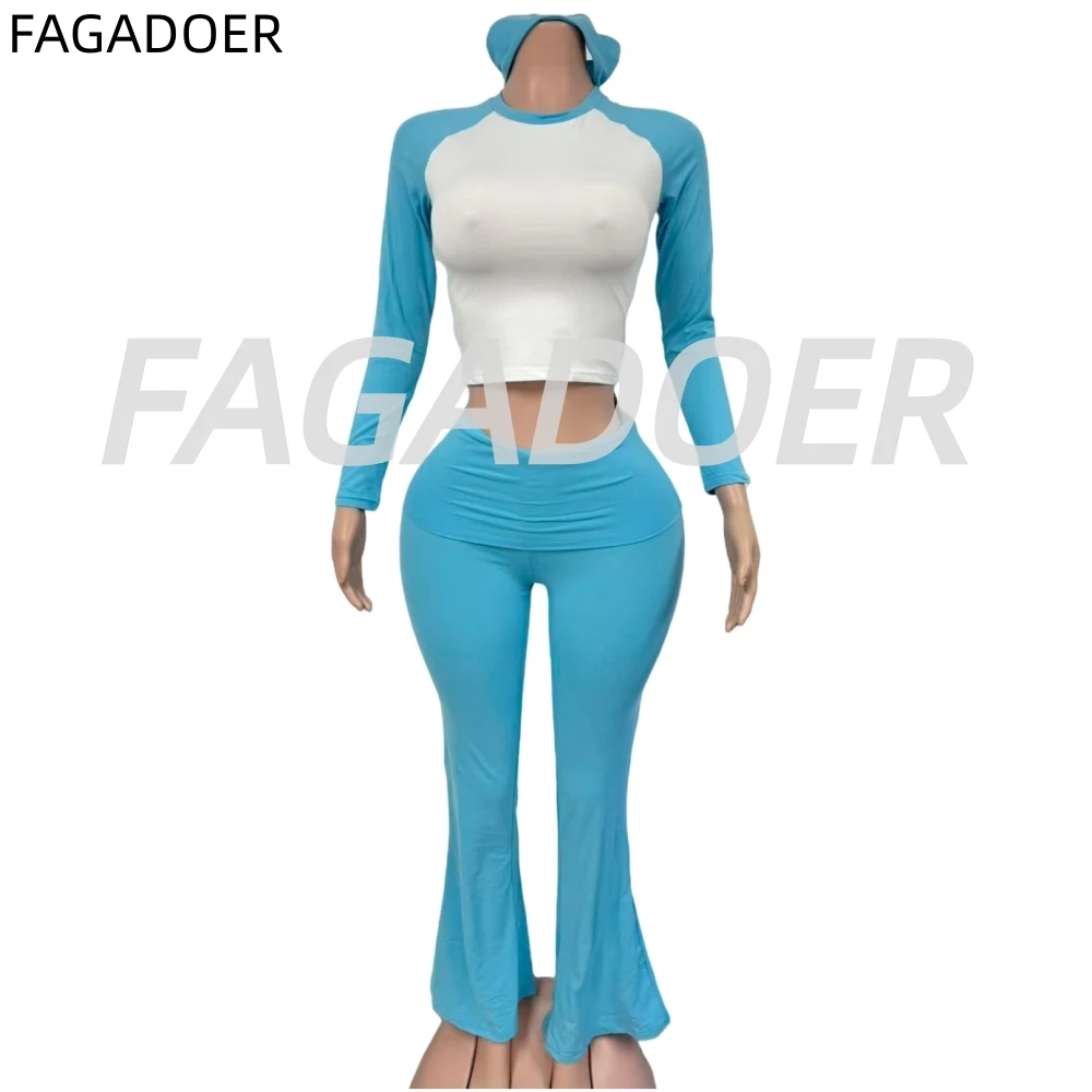 طقم تي شيرت FAGADOER كاجوال مكون من قطعتين للنساء بأكمام طويلة ورقبة دائرية وسراويل عالية الخصر ملابس رياضية نسائية متطابقة