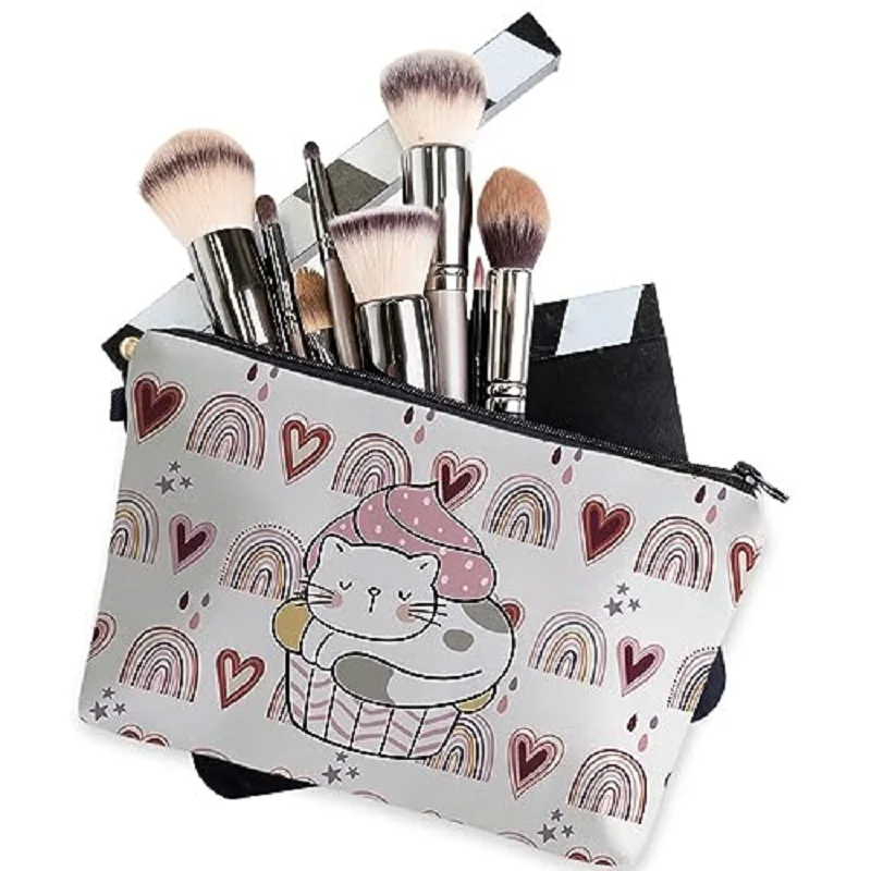 Cute Cat Cupcake Makeup Bag Rainbow Heart Pattern Cosmetic Pouch Women Travel Zipper Storage Toiletry Organizer Bag
