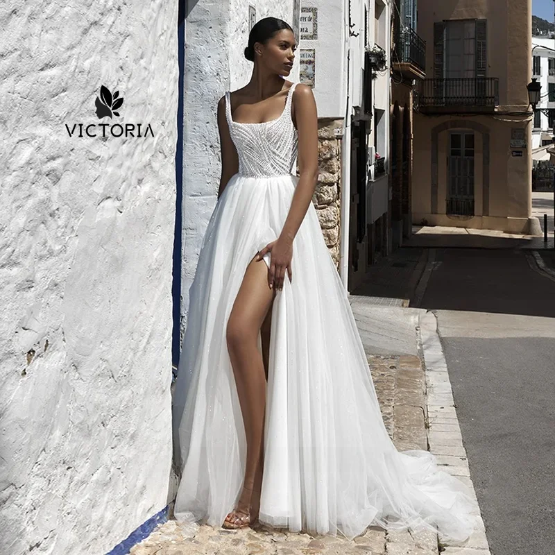 Pearls Wedding Dress Customized Square Neck Sleeveless See Through Split Glitter Tulle A Line Bride Bridal Gown for Lady