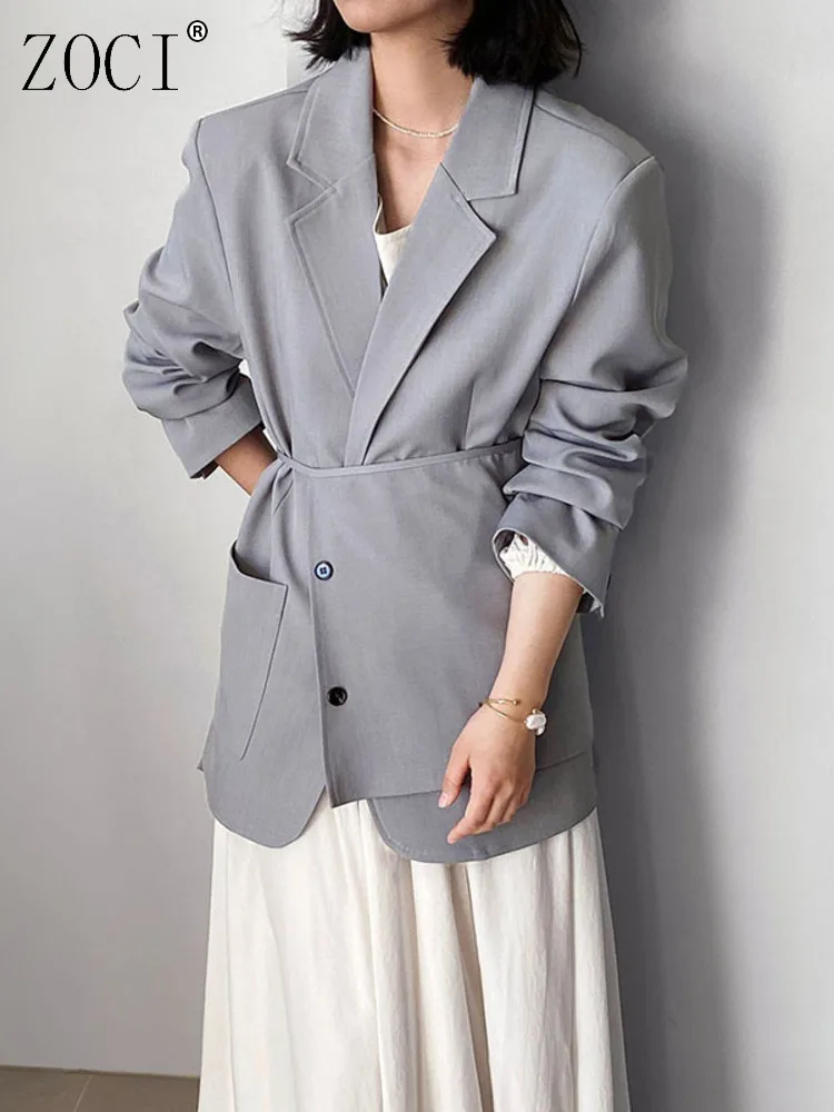 

ZOCI Fashion Removable Waist Seal Blazer Women's Notched Collar Loose Single Breasted Long Ssleeves Gray Suit Jacket New