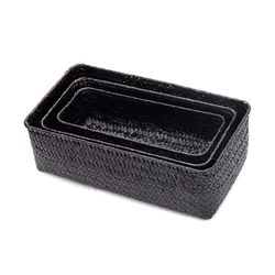 Black Wicker Storage Basket Rectangular Seagrass Basket Box Woven Rattan Container Shelf Organizer Kitchen Home Bathroom Decor