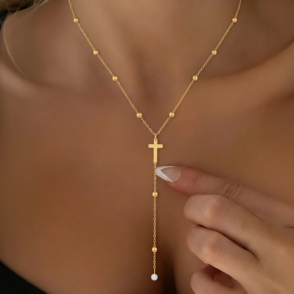 DOTIFI New Stainless Steel Cross Pendant Y-Shaped Necklace Fashionable Tassel With Zirconia Embedding Luxurious Collarbone Chain