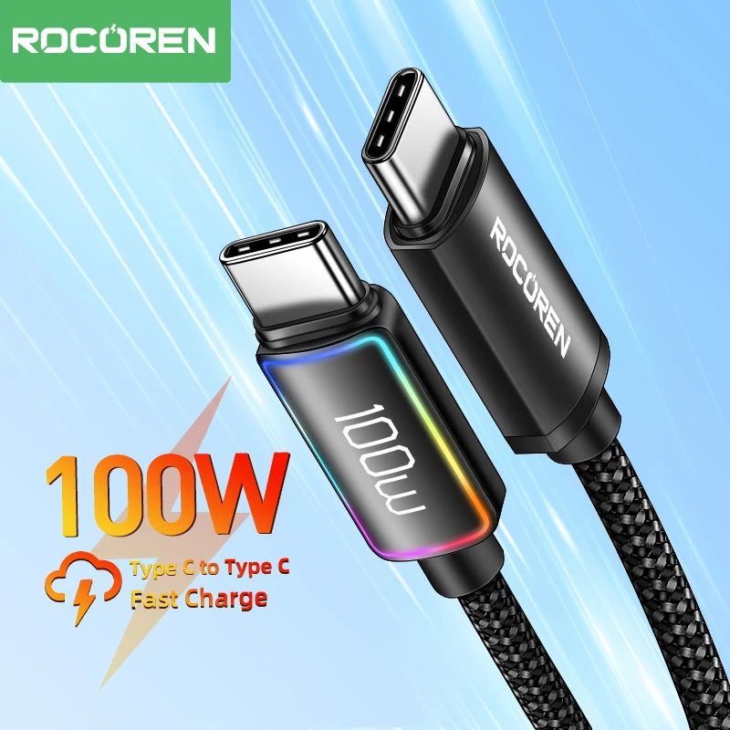 Rocoren 100W USB C to Type C Fast Charging Charger Cable 5A USB-C Cord PD 3.1 High Power Quick Charging For MacBook iPad iPhone