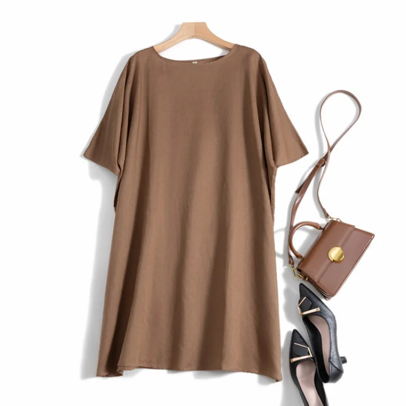 

Dave&di Simple Commuting Cotton And Linen Loose Raglan Sleeves Casual Breathable Medium Long Short Sleeved Dress