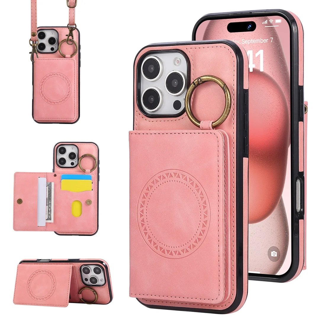 

Crossbody Leather Card Holder Wallet Case For iPhone 11 12 13 14 15 16 17 Pro Max Plus Car Magentic Phone Cover With Finger Ring