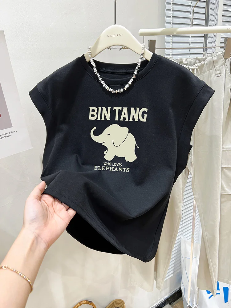 

Retro American Elephant Print Pure Cotton Sleeveless T-Shirt Women's Short Sleeve Summer Loose Vest Top Fly Sleeve Shirt