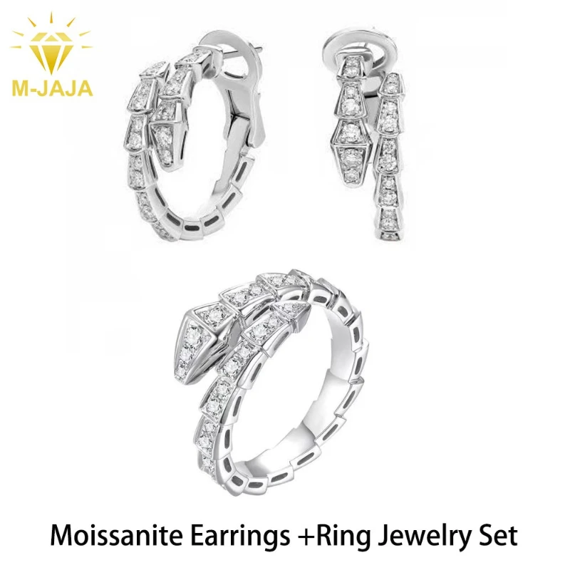

M-JAJA Moissanite Snake Hoop Earrings Snake Bone Ring Jewelry Set for Women Gold Plated 925 Silver Diamond Earrings Wedding Band