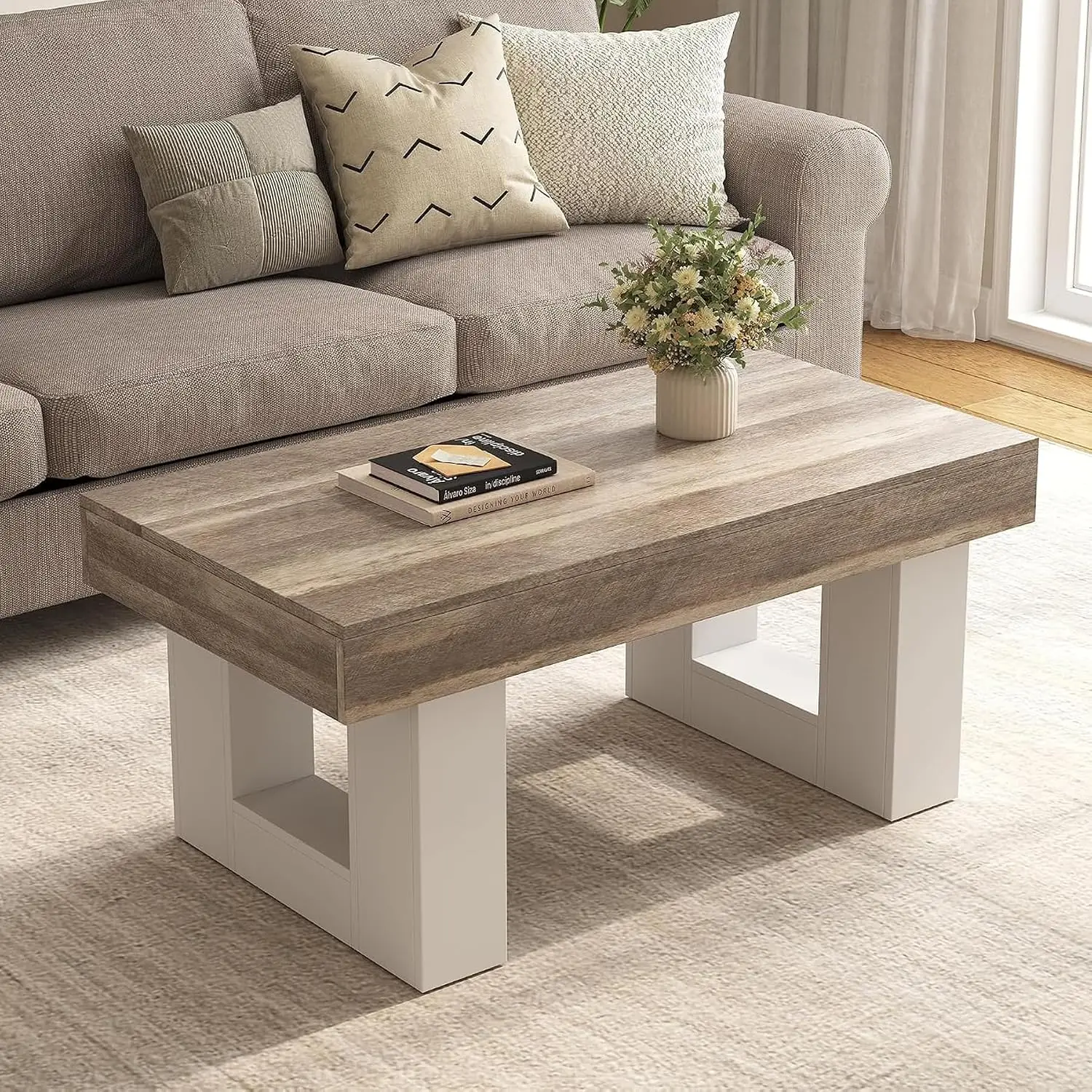 Vagacal Rectangular Coffee Table, Farmhouse Living Room Center Tables | 42 Inch Wooden Side Tables with Annual Ring Pattern & Th