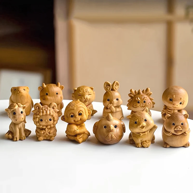 Mini Wooden Animal Miniature Figurine The Twelve Chinese Zodiac Signs Carved Wood Tigers Dragon Model Ornament Birthday Gift