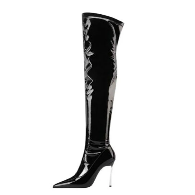 Sexy Black Red Shiny Leather Pointed Toe Metal Iron Heels Slim Over The Knee Boots Women Party Thigh Long Botas Drop Shipping