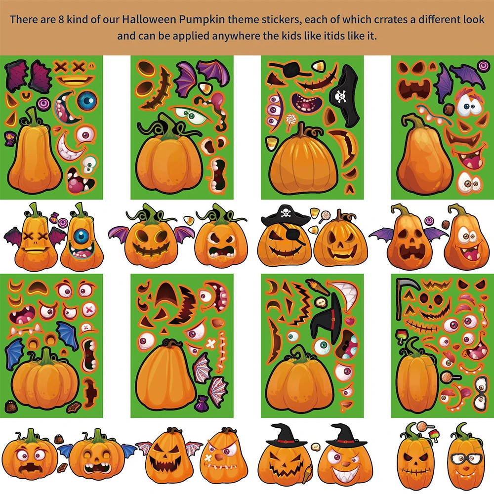 8/16Sheets Halloween Pumpkin Puzzle Stickers Make a Face Kids Toy Funny Assemble Jigsaw DIY Game Boys Girls Children Party Favor