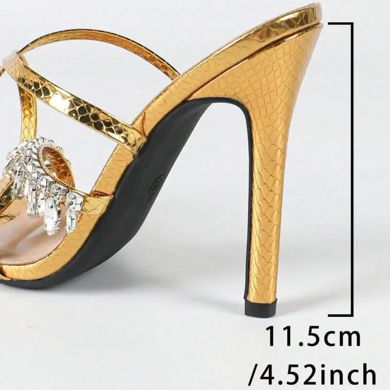 صنادل مثيرة بكعب ذهبي للنساء فاخرة بحزام الكاحل من حجر الراين مفتوحة من الأمام أنيقة بكعب عالٍ أحذية أنيقة للحفلات والولائم