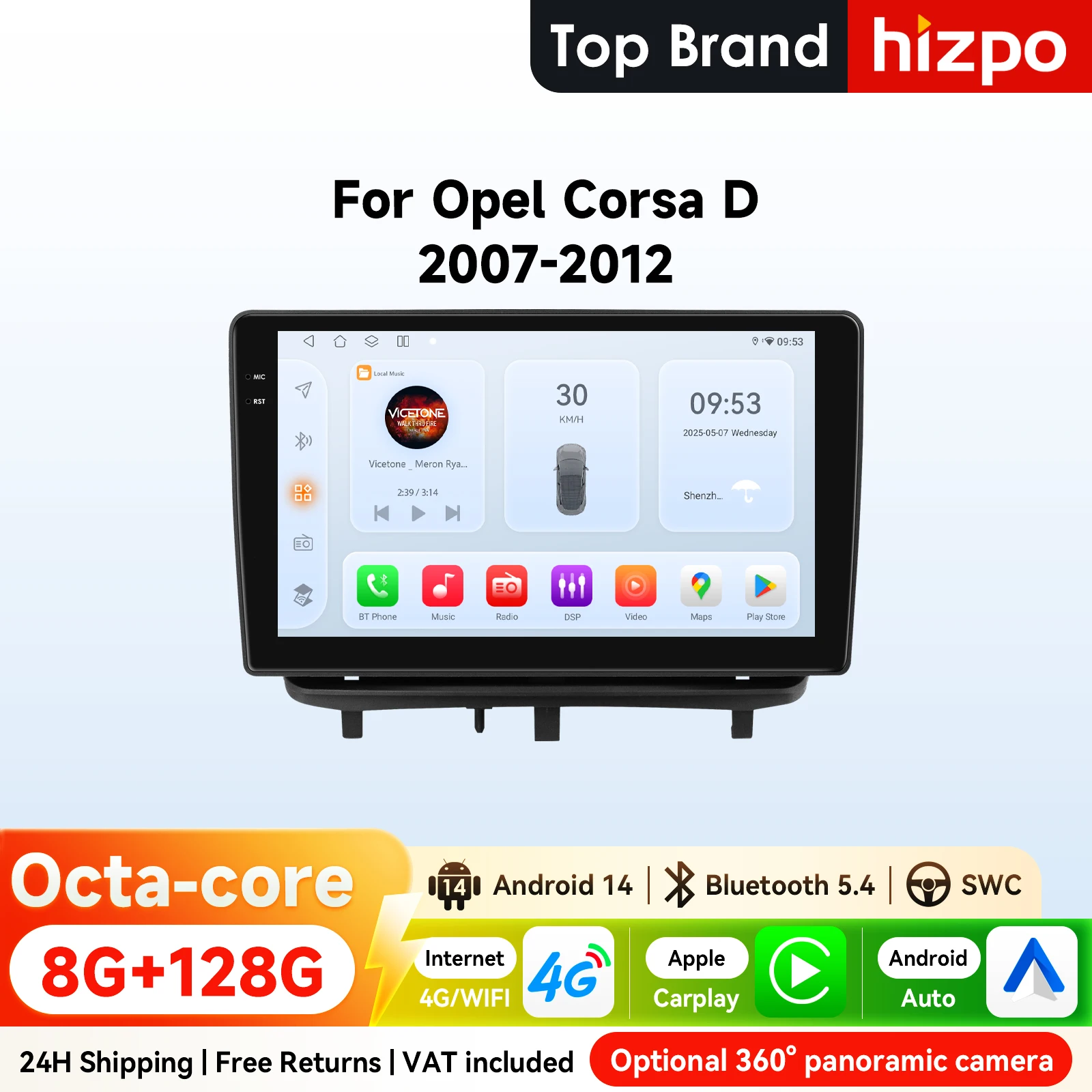 9" Hizpo 2Din Android Autoradio für Opel Corsa D 2007 - 2012 Schrägheck Auto CarPlay 4G BT RDS DSP SWC GPS Snapdragon 6115 360CAM