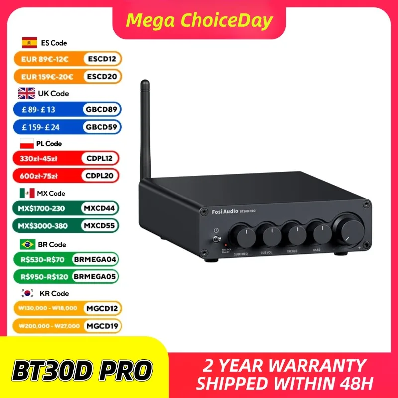 Fosi penguat daya suara Bluetooth, penerima Audio Amp saluran 2.1 untuk Speaker Subwoofer 165Wx2 + 350W BT30D PRO