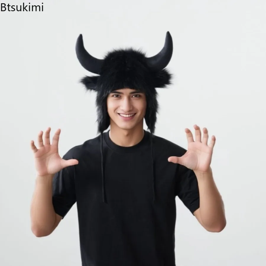 

Halloween Party Cosplay Hats High Quality Unisex Bullhead Plush Hat with Horns Winter Fluffy Warm Windproof Hat Stage Dress Up