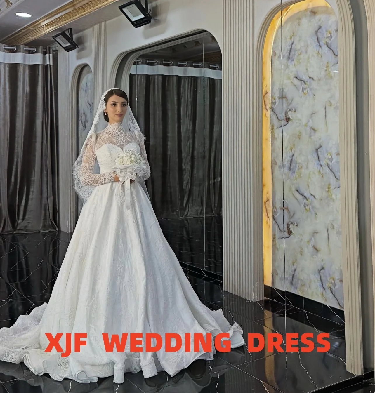 Aangepaste hoge hals lange mouwen A-LIJN kant elegante trouwjurk amanda novias vestidos de novia amanda's novias