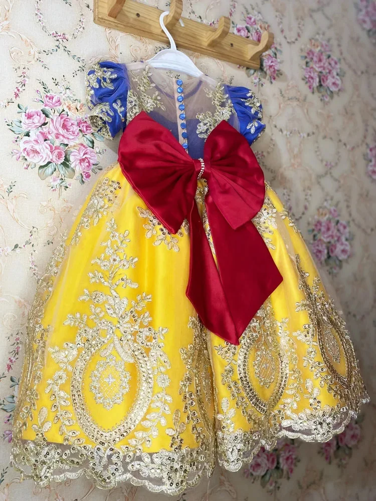 Customized Gorgeous Flower Girl Dress For Wedding Gold Appliques Floor Length Elegant Toddler Birthday Party Photo Shoot Gown