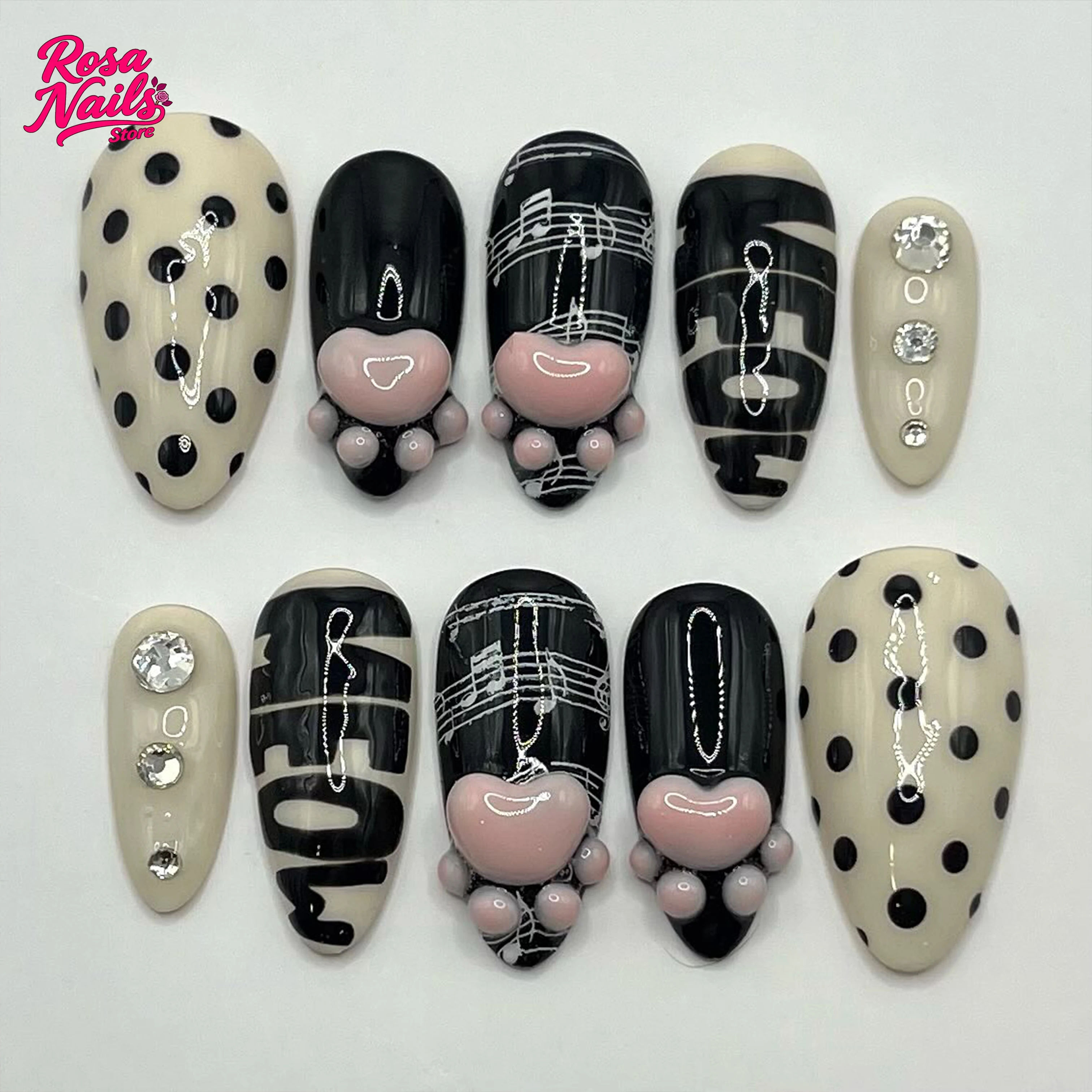 

3D Paw Pads Press on Nails Polka Dots Black White Handpainted Cute Cat Paws False Nail Tips Hand Sculpted Nail Art Acrylic Nails