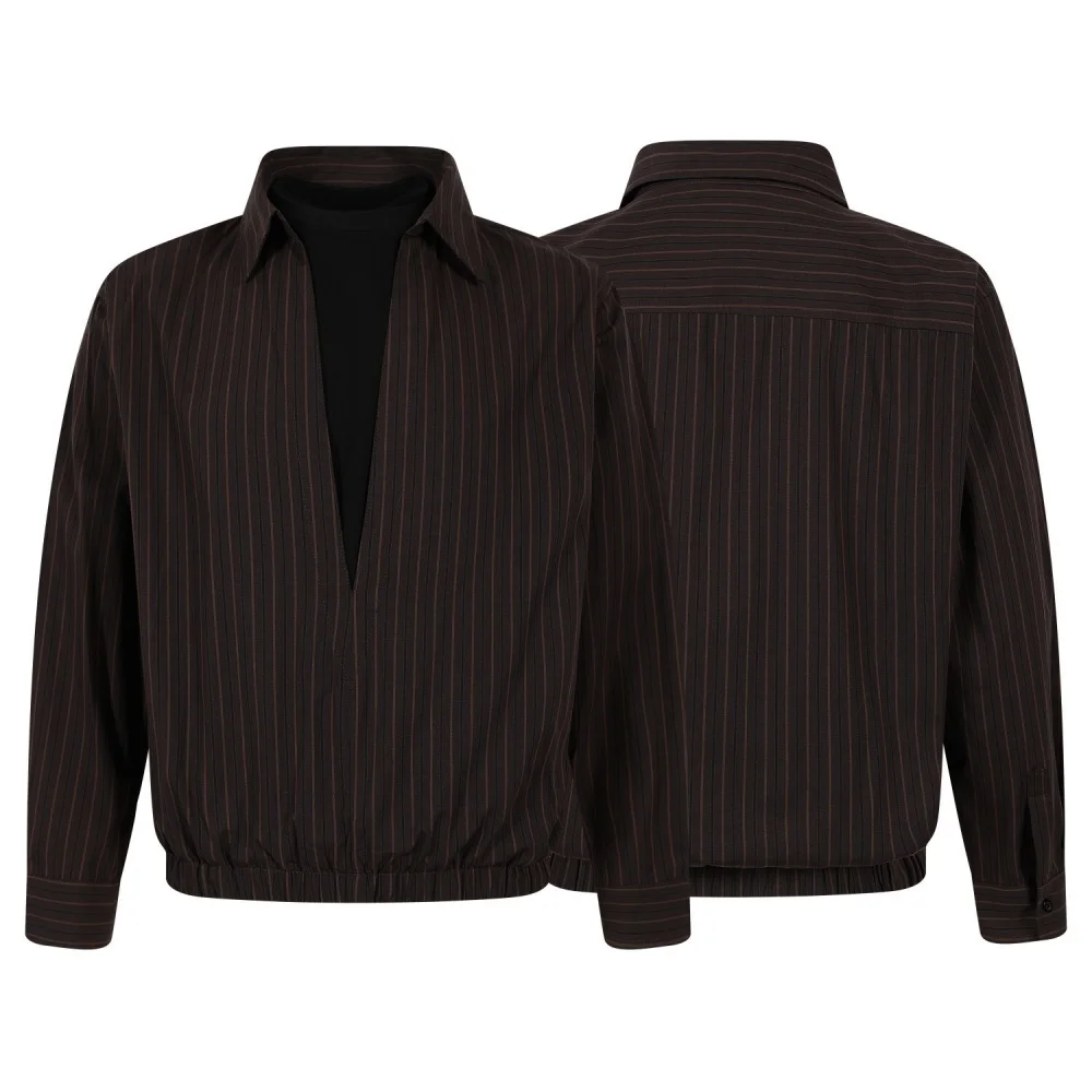 

Women's Shirt Striped V-neck Faux Two-Piece Woman Blouses Deals Cotton 100% Coffee Collared Pullover Women's Blouses and Shirts