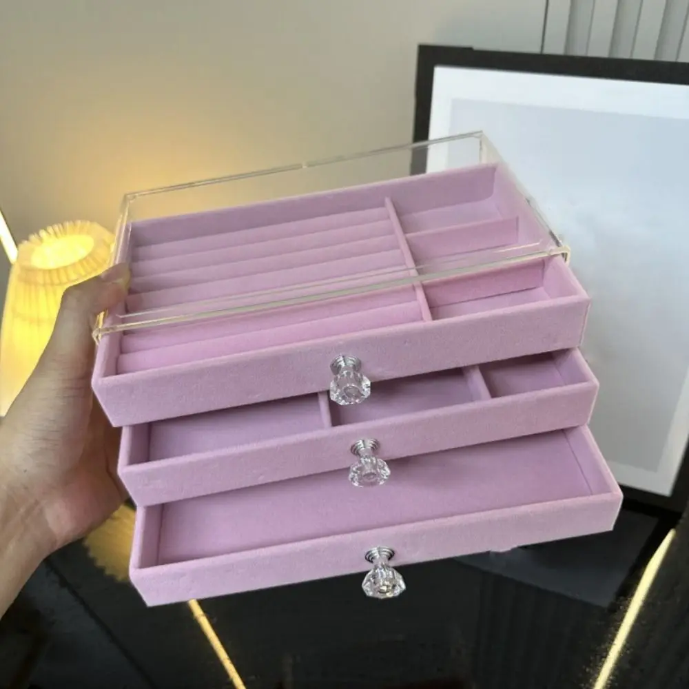 

Hollow Tray 3-Tier Jewelry Storage Box Transparent Square Flannel Jewelry Box Plastic Dust-proof Three Drawer Jewelry Box Home