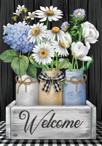 BRIARWOOD CRATED MASON JAR FLOWER DAISY WELCOME HYDRANGEA TULIP LARGE YARD FLAG