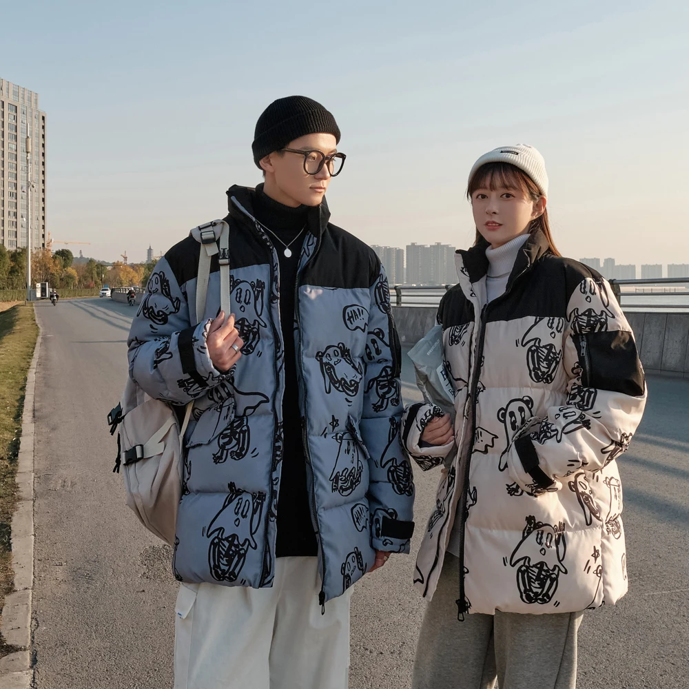 Parkas gruesas acolchadas de algodón para hombre, ropa de calle con estampado de Hip Hop, abrigos cálidos a prueba de viento con cremallera, prendas