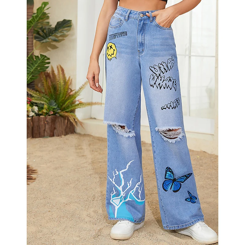 2024 frau Hohe Taille Harajuku Baggy Hosen Weibliche Gothic Breite Bein Jeans Mädchen Mode Punk Hellblau Streetwear Denim Hosen