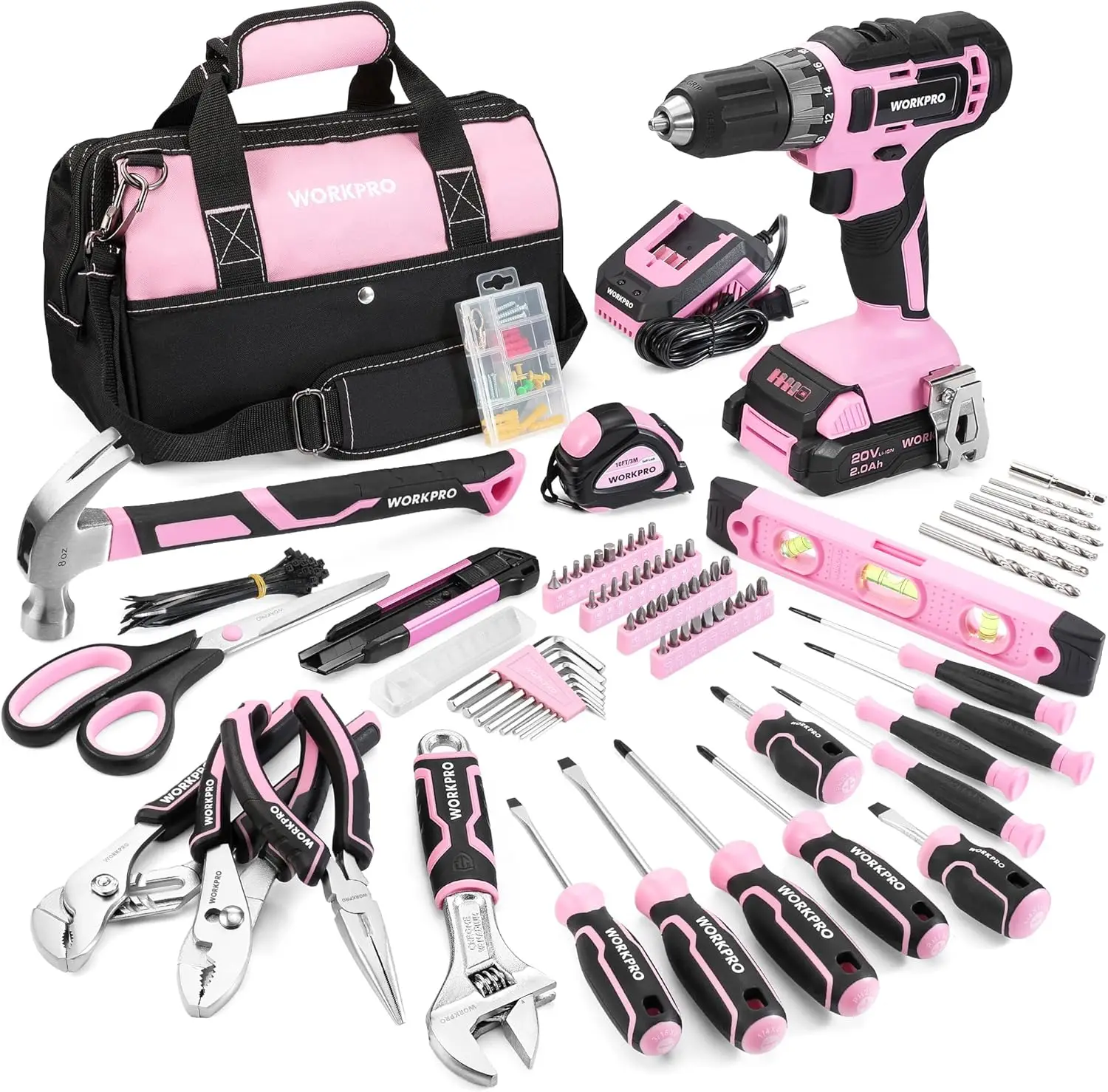 Pink Household Tool Kit with Drill, 157PCS Tool Set with 20V Cordless Lithium-ion Drill Driver, Home Tool Kit for