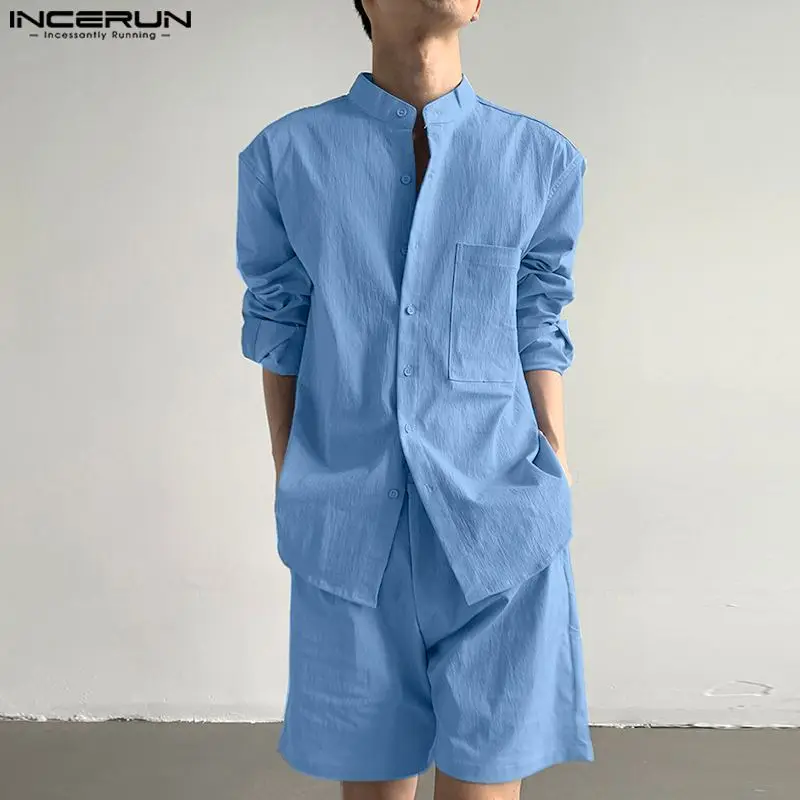 

INCERUN 2024 Korean Style Sets Men's Solid Long Sleeved Shirt Shorts Handsome Male Simple Stand Neck Design Two-piece Sets S-5XL