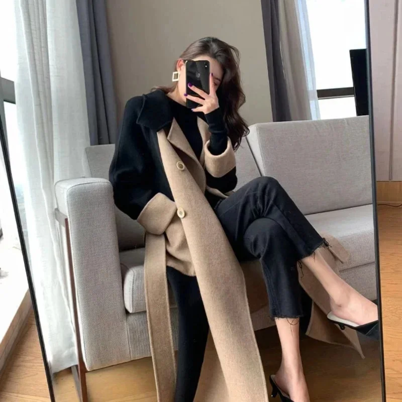 Elegant Patchwork Double-breasted Overcoat Women Long Style Slim Sashes Outerwear Autumn Winter Chic Turn Down Collar Warm Coats