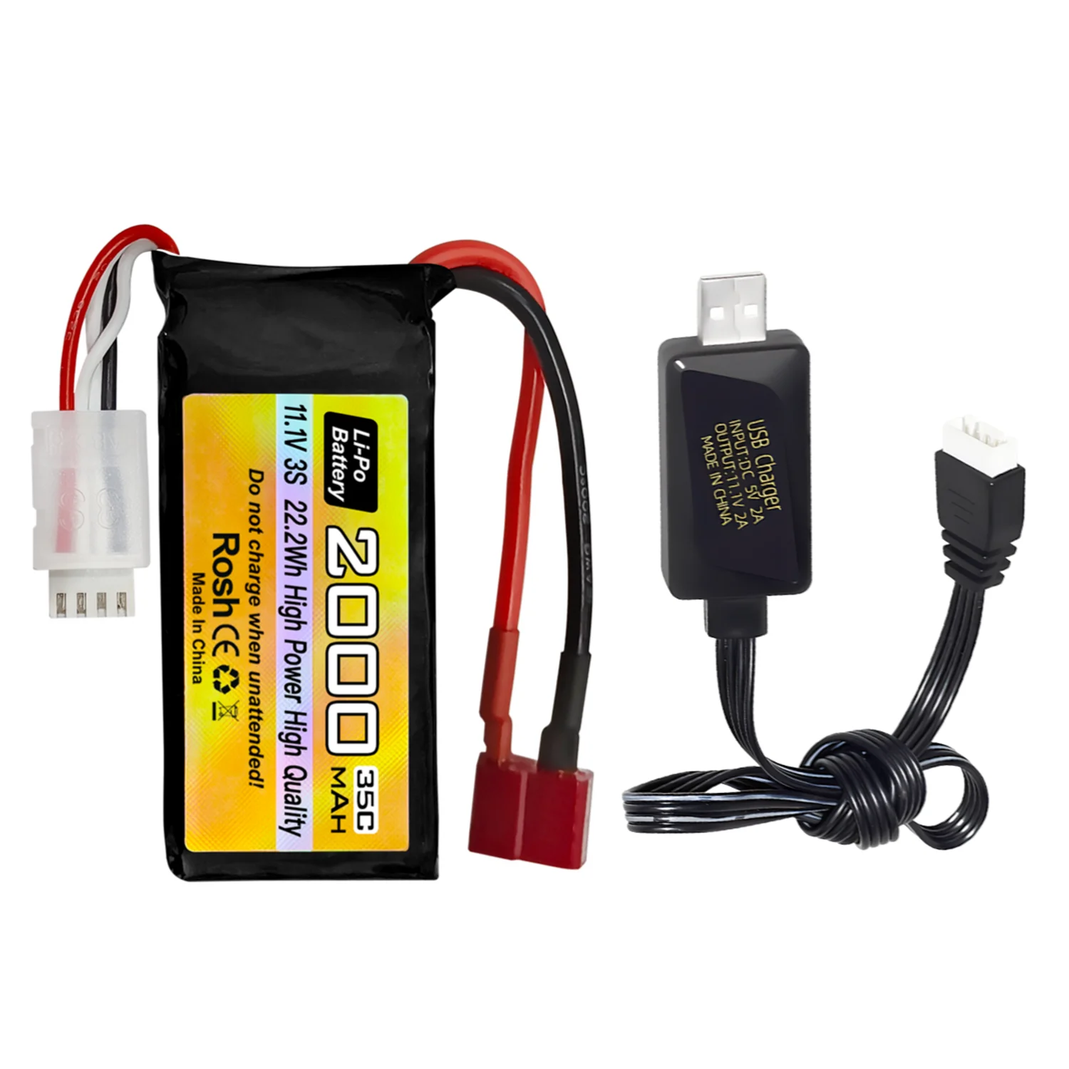 3S T-Plug Lipo Battery 11.1V 2000mAh 35C with USB Charging Cable for RC Cars,RC Ships,RC Drones,Quadcopters,FPV UAV Batteries