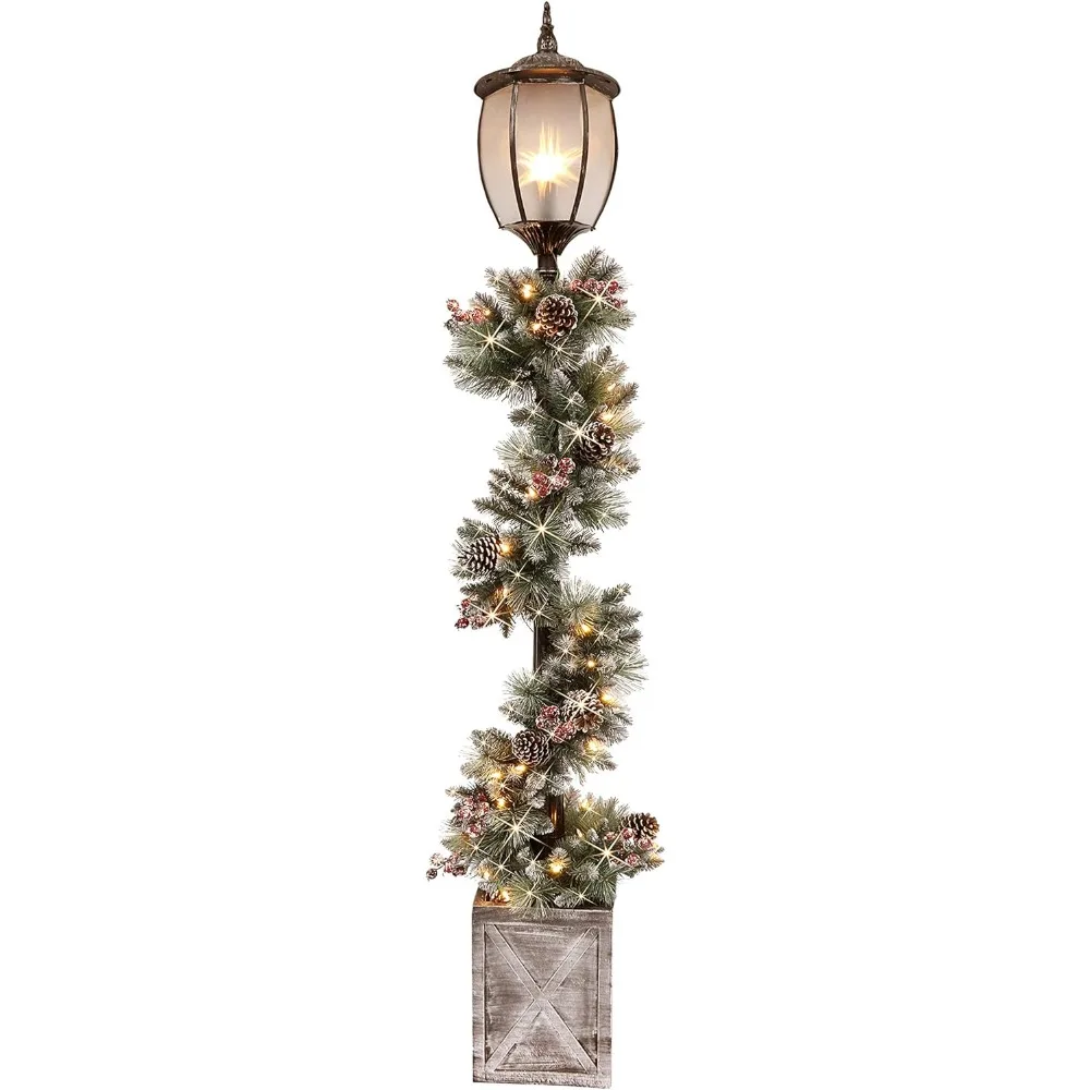 7-foot Pre Lit Christmas Lamp Post with Decorative Floral Wreath and 50 Pieces of Fabric, Warm White LED Lights, Multiple Colors