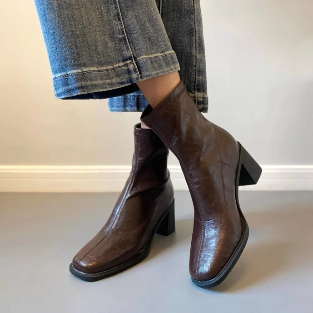 Bottines Vintage élastiques et fines pour femmes, chaussures en cuir souple, élégantes, à talons épais, courtes, modernes, automne