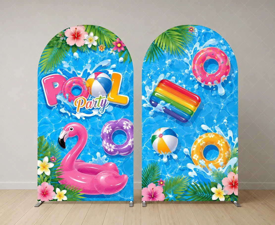 Fondo de arco para fiesta en la piscina de verano, decoración tropical con flamencos, fondo para fiesta de cumpleaños, decoración para celebración Luau con salpicaduras de agua