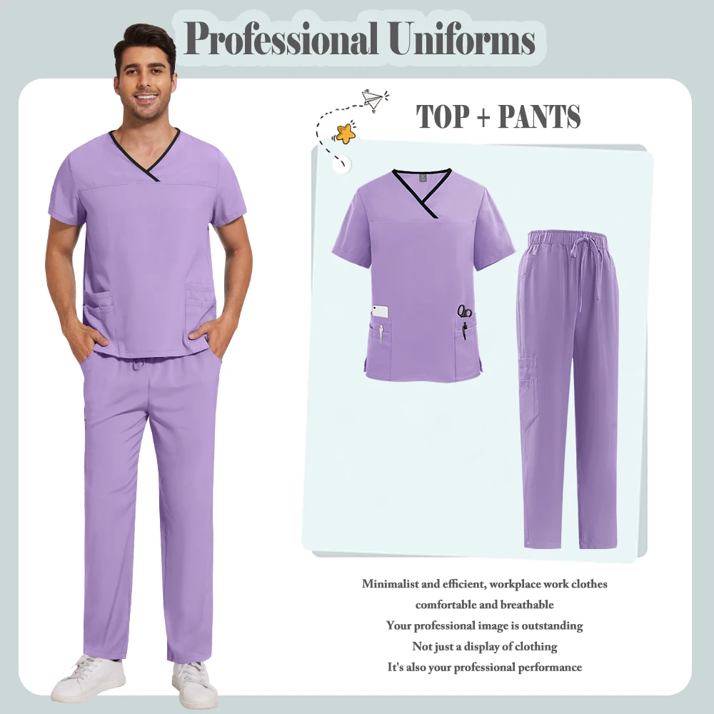 ชุดยูนิฟอร์มพยาบาลสีพื้นเรียบง่าย ชุดสครับสำหรับแพทย์ พยาบาล อุปกรณ์โรงพยาบาล ชุดผ่าตัด ชุดทำงานสำหรับสปาเสริมความงาม