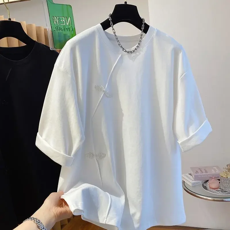 Spring Summer New Chinese Style Short Sleeves T-Shirt Women 2026 New Fashion Loose Tops Leisure Pure Colour Round Collar Female